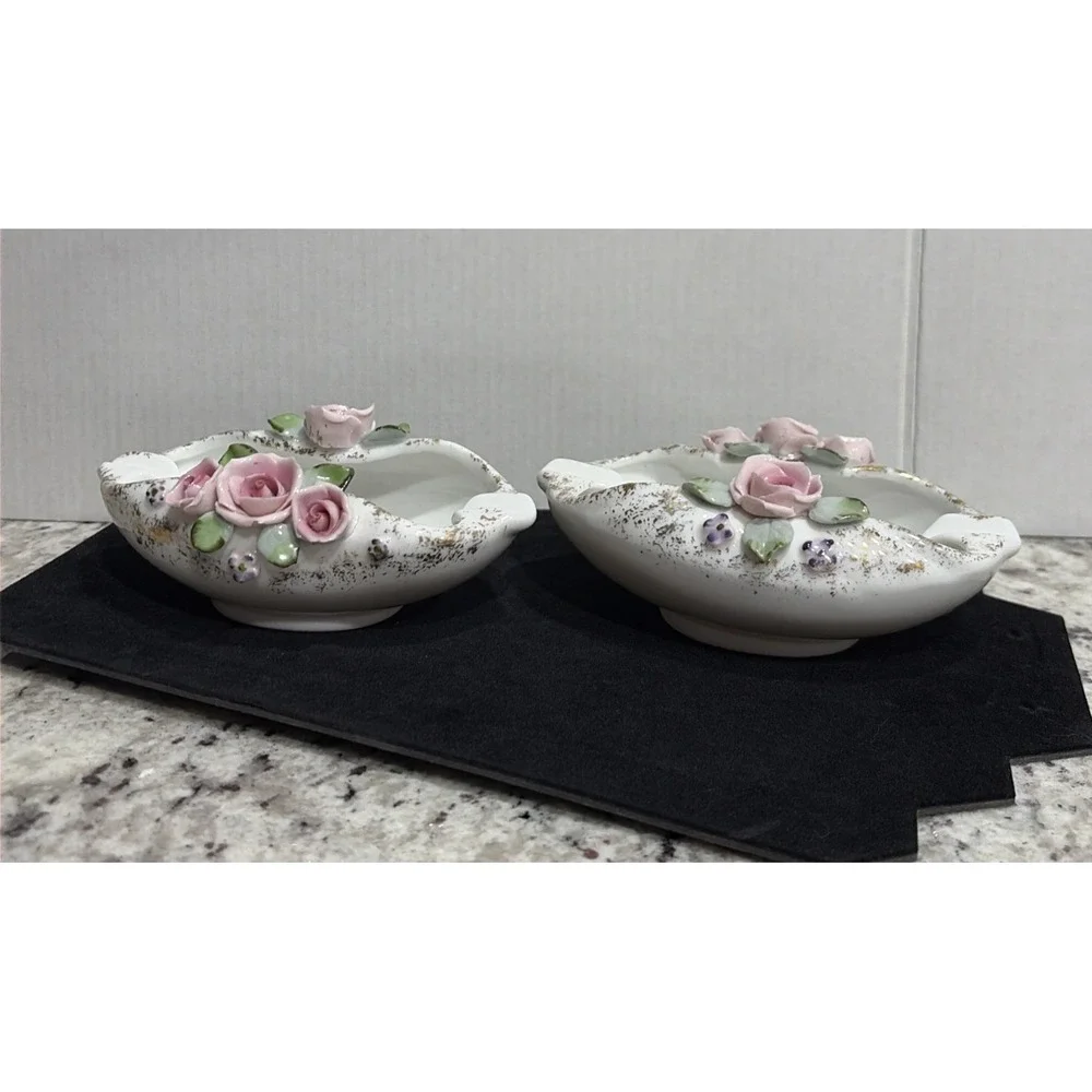 Vintage Lefton Hand Painted China Pink Rose Trinket/Ashtrays Pair Perfect Shape